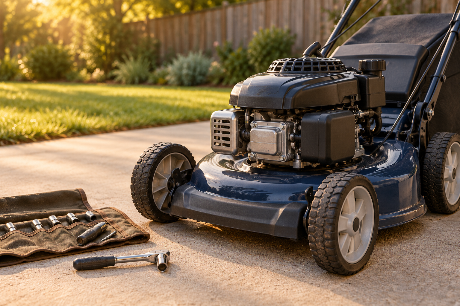 A walk-behind lawn mower and repair tools on a sunlit driveway